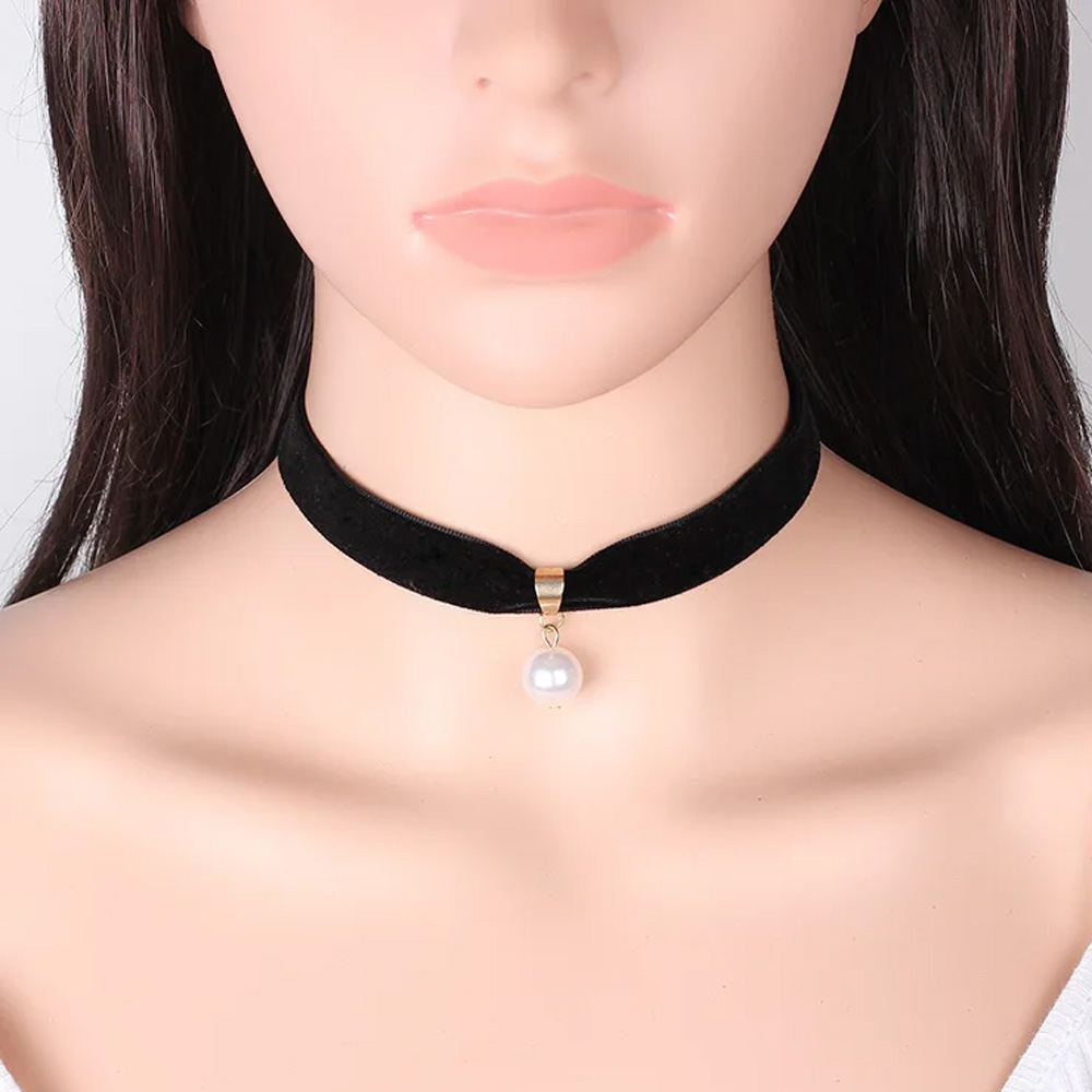 Pearl Choker Necklace Vintage - สร้อยคอไข่มุกวินเทจแบบเรียบง่าย สั้น สีดำ สไตล์โกธิค สำหรับผู้หญิง