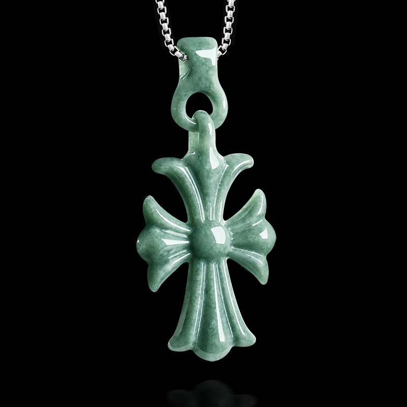 Necklaces - จี้สร้อยคอหยกพม่าแท้รูปทรงกางเขน เครื่องประดับดีไซเนอร์ อัญมณีแท้ หยกแท้ สไตล์วินเทจ ของขวัญหรูหราสำหรับผู้หญิง
