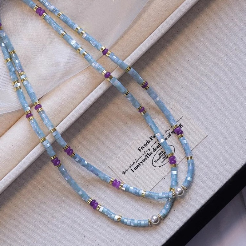 Pearl Choker Necklace Vintage - มินาร์ สร้อยคอประดับลูกปัดคริสตัลสีม่วงประดับเปลือกหอยหินธรรมชาติสีน้ำเงินแบบพิเศษสำหรับผู้หญิง สร้อยคอโซ่ทองประดับมุกเทียม