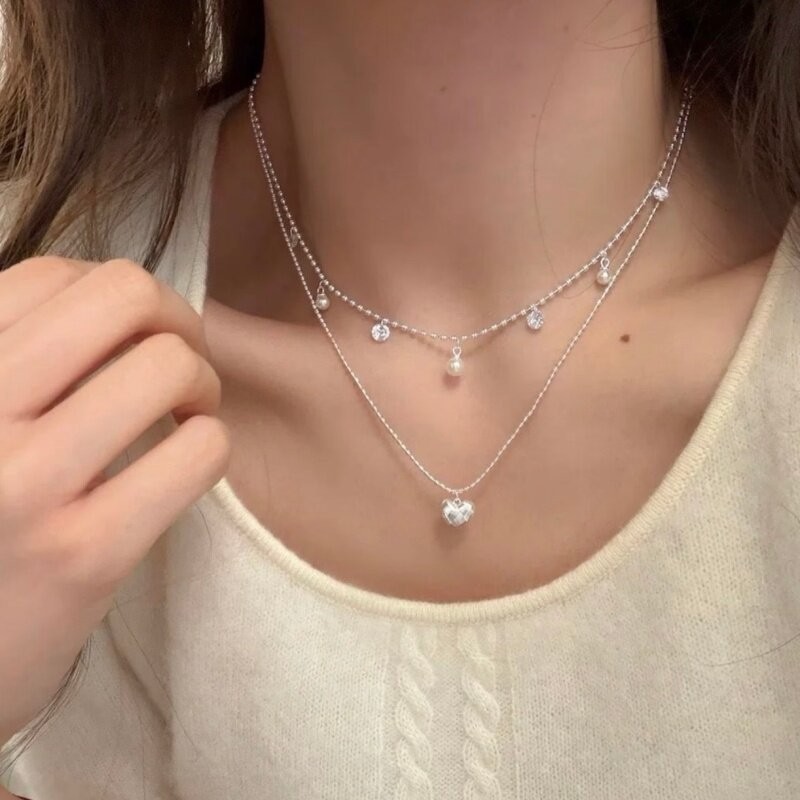 สร้อยคอชุบเงินสองชั้นประดับจี้ - Layered Pendant Necklace Aesthetic บทวิจารณ์และราคา