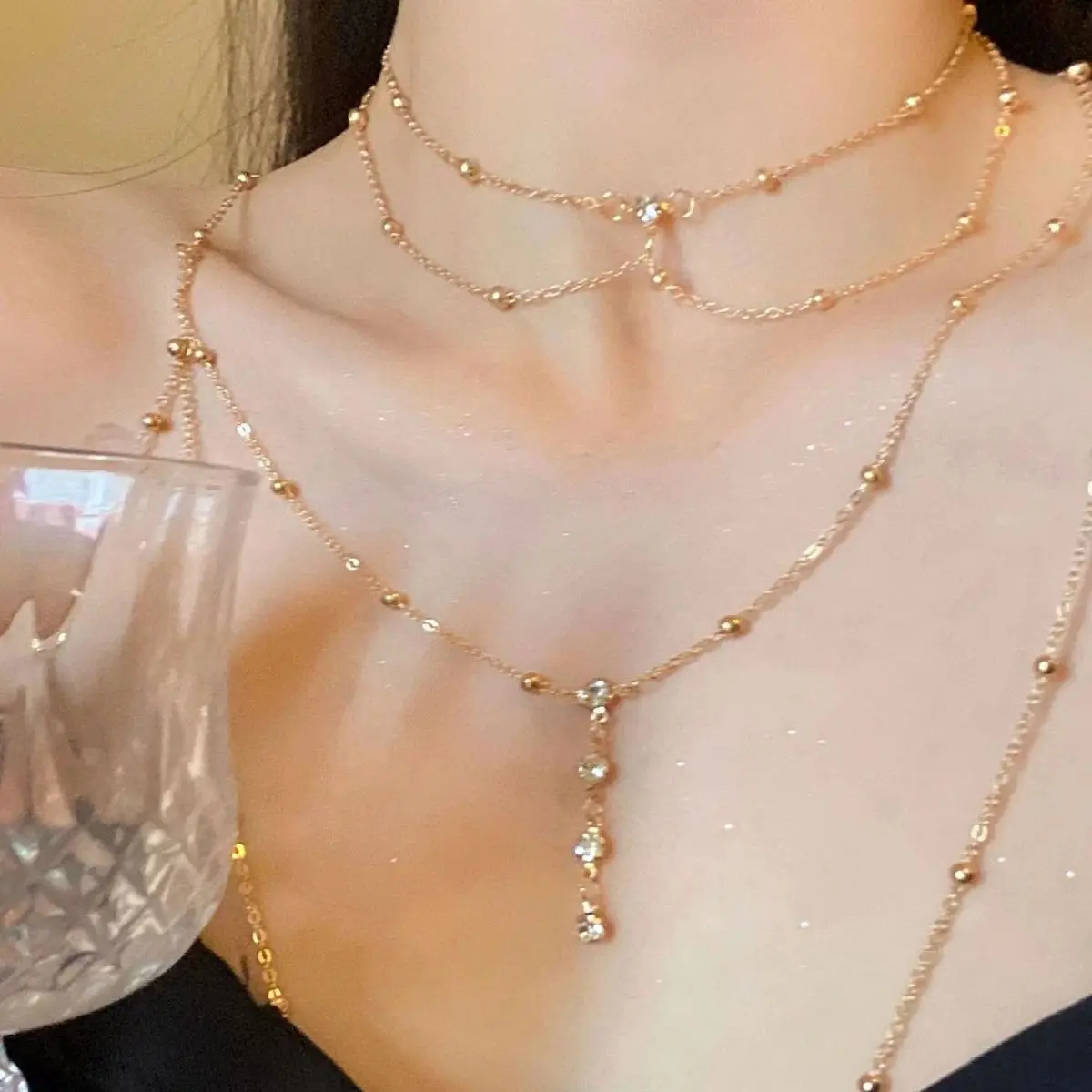 โซ่ประดับพลอยเทียมเป็นประกายหล - Layered Pendant Necklace Aesthetic บทวิจารณ์และราคา
